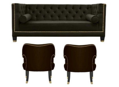 Sillón Chesterfield negro extra grande de tela, conjunto de muebles tapizados.