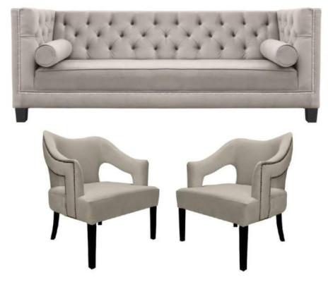 Conjunto de sofá Chesterfield beige con tapizado de asientos, conjunto de 3 piezas.