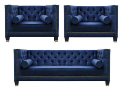 Chesterfield conjunto de sofá azul de 3 piezas con tapicería de asientos y cojines.