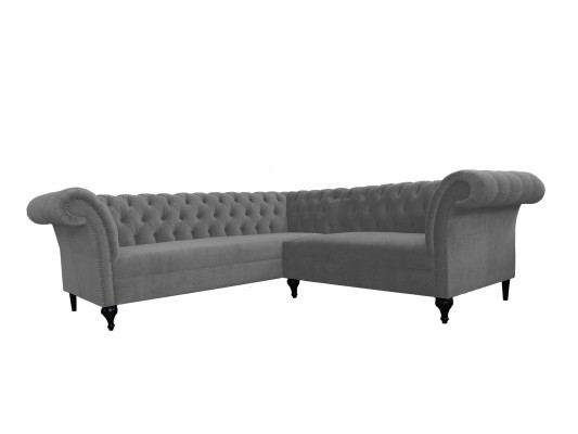 Sofá esquinero Chesterfield gris, sofá de esquina de diseñador en forma de L de terciopelo.