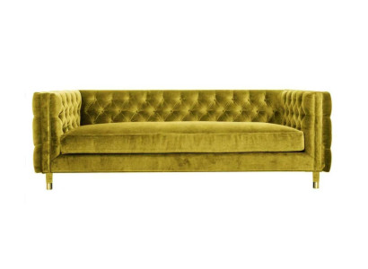 Sofá Chesterfield amarillo de 4 plazas de diseño de lujo en tela amarilla.