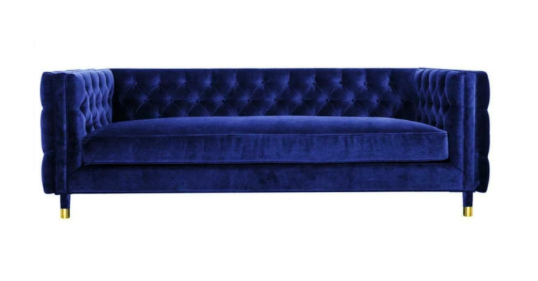 Sofá azul Chesterfield Big de diseñador de 4 plazas nuevo en tela de textil.