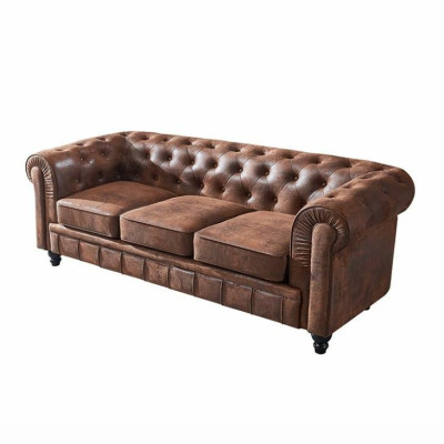 Sofá de diseño Chesterfield de lujo marrón de 3 plazas para la sala de estar.