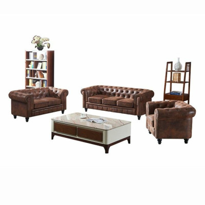 Sofá de diseño Chesterfield de lujo marrón de 3 plazas para la sala de estar.
