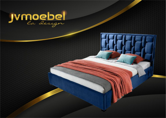 Cama azul de diseñador, diseño de dormitorio, muebles modernos de lujo, nueva estructura de cama.
