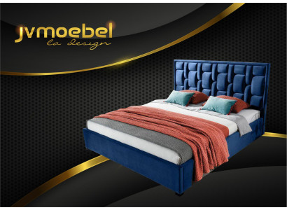 Cama azul de diseñador, diseño de dormitorio, muebles modernos de lujo, nueva estructura de cama.