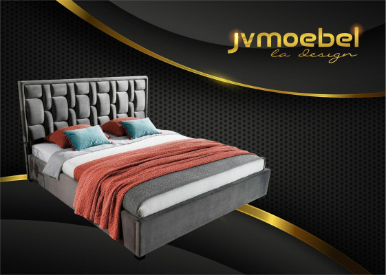 Cama azul de diseñador, diseño de dormitorio, muebles modernos de lujo, nueva estructura de cama.