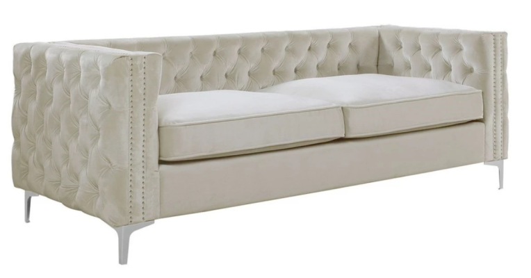 Chesterfield sofá de tres plazas beige en tela de textil, muebles de sofá de terciopelo color a elegir.