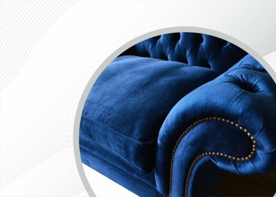 Ohrensessel sillón diseño para televisión tapizado sofá Chesterfield textil azul.