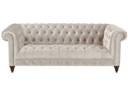 Chesterfield Beige Terciopelo Sofá de lujo con botones de muebles tapizados tres plazas.