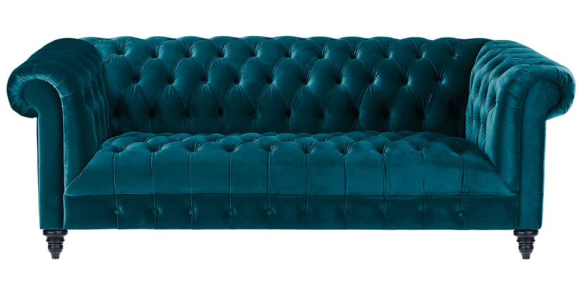 Sofá de terciopelo Chesterfield Turquesa de lujo con botones, de tres plazas.