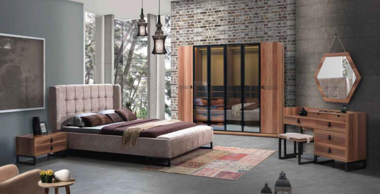 Juego de dormitorio de 5 piezas. Cama de lujo 2 mesitas de noche Cómoda Armario de madera Nuevo