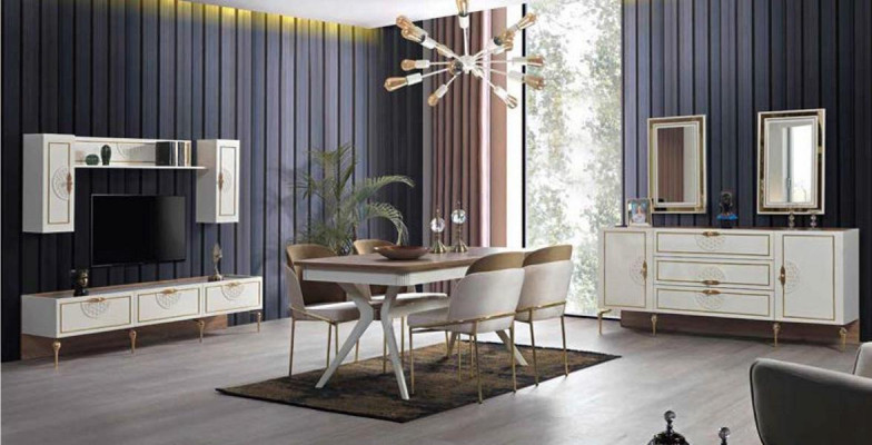 Conjunto de comedor: mesa de comedor 4 sillas, cómoda, grupo de mesa 8 piezas.