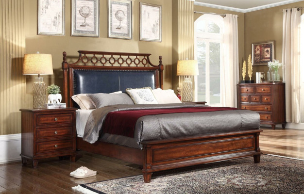 Cama de madera real de cuero de 3 piezas. Set, cómoda, dormitorio de estilo fundador, conjunto de muebles.