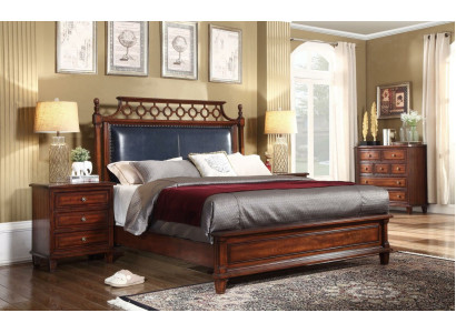 Cama de madera real de cuero de 3 piezas. Set, cómoda, dormitorio de estilo fundador, conjunto de muebles.