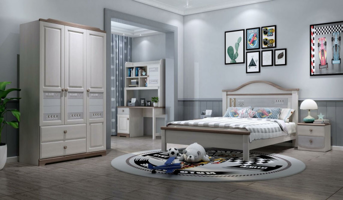 Dormitorio juvenil infantil moderno conjunto armario mesita de noche mesa nuevo de 5 piezas.