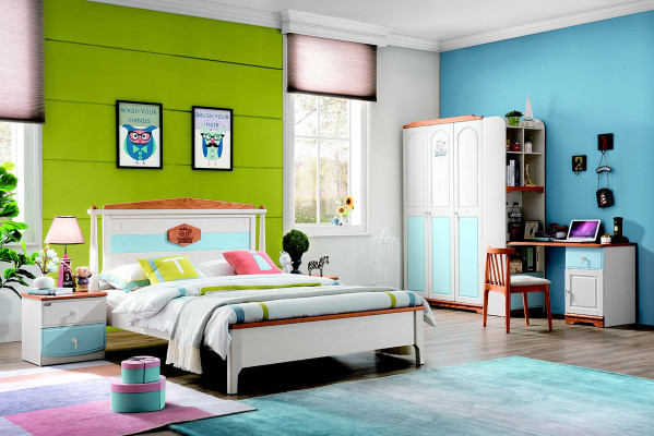 Conjunto de habitación juvenil completo para niños: cama, armario, cómoda, 5 piezas en madera maciza.