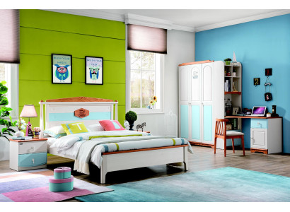 Conjunto de habitación juvenil completo para niños: cama, armario, cómoda, 5 piezas en madera maciza.