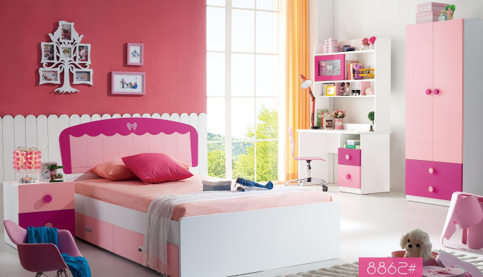 Juego de mesa, cama, armario, cómoda, conjunto de 4 piezas para habitación juvenil o infantil.