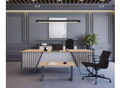 Mobiliario de oficina gris claro, conjunto de muebles de oficina, mesa, escritorio, armario de 3 piezas.