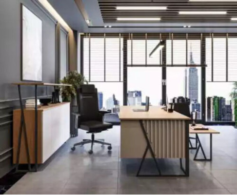 Mobiliario de oficina gris claro, conjunto de muebles de oficina, mesa, escritorio, armario de 3 piezas.