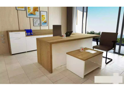 Conjunto de oficina moderno Escritorio de esquina Mesa de centro marrón Archivador de documentos de 3 piezas.