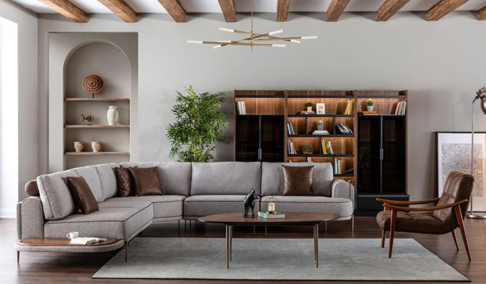 Sofá de esquina Sofá de tela Forma de L Sofá de tela Sofás Grises Modernos Mesa Salón