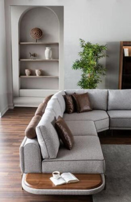 Sofá de esquina Sofá de tela Forma de L Sofá de tela Sofás Grises Modernos Mesa Salón