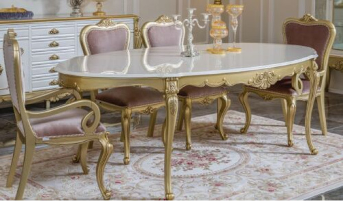 Conjunto de comedor de diseño de 8 piezas: mesa de comedor, silla, cajonera, vitrina, espejo