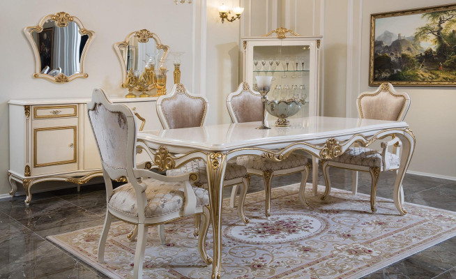 Comedor clásico, mesa de comedor, vitrina, 4 sillas, conjunto de comedor, cómodas, juego de 7 piezas.