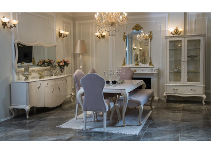 Conjunto de comedor de 9 piezas. Mesa 4 sillas Cómoda Espejo Vitrina Taburete