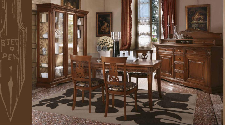 Comedor completo Mesa Cómoda Set de 4 sillas Vitrina Barroca Madera maciza