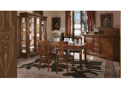 Comedor completo Mesa Cómoda Set de 4 sillas Vitrina Barroca Madera maciza