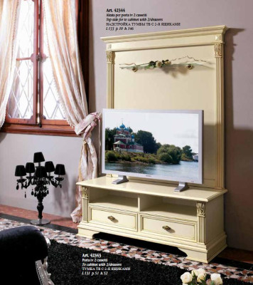 Armario de televisión, pared de televisión, mueble auxiliar de televisión bajo estilo antiguo italiano de madera.