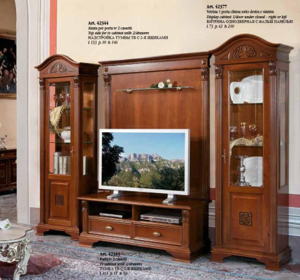 Clásica pared de estar de madera maciza con vitrina de salón, aparador, estante de TV y armario de pared de 4 piezas.