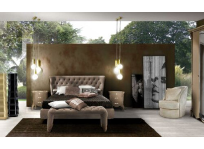 Juego de dormitorio de lujo de 4 piezas. Cama + 2 mesitas de noche + taburete. Camas de diseño moderno de madera maciza.