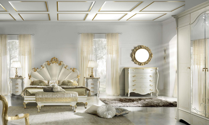 Cama Mesita de noche Cómoda Conjunto de dormitorio de 6 piezas Diseño de madera maciza de lujo