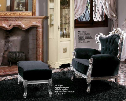 Silla + Reposapiés Sillón Tapizado Diseño Lujo Madera Maciza Clásico Barroco Rococó Conjunto