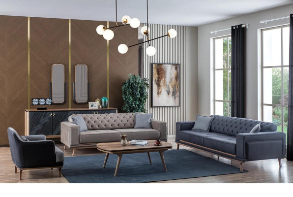 Juego de sala de estar de lujo moderno de 4 piezas. Sofá de 4 plazas, sillón, mesa de centro, muebles de madera.