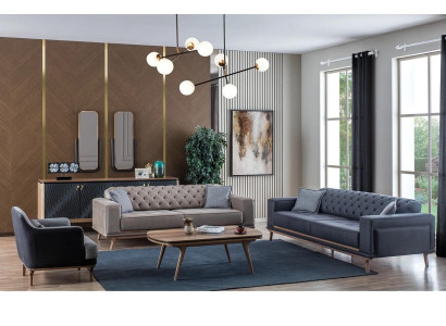 Juego de sala de estar de lujo moderno de 4 piezas. Sofá de 4 plazas, sillón, mesa de centro, muebles de madera.