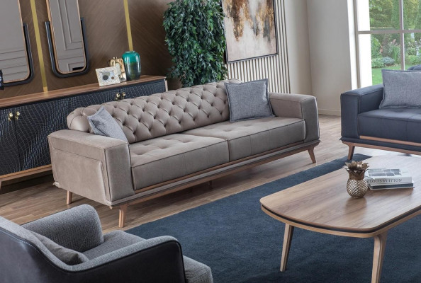 Juego de sala de estar de lujo moderno de 4 piezas. Sofá de 4 plazas, sillón, mesa de centro, muebles de madera.