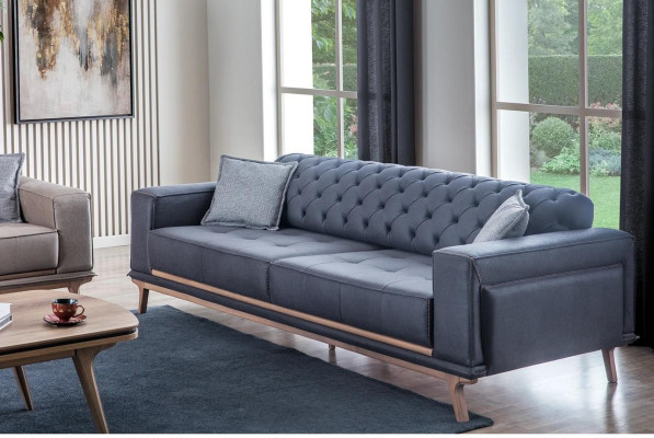 Juego de sala de estar de lujo moderno de 4 piezas. Sofá de 4 plazas, sillón, mesa de centro, muebles de madera.