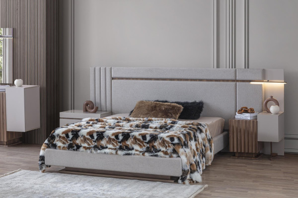 Conjunto de dormitorio de lujo con cama de diseño, 2 mesitas de noche, armario de 4 piezas, nuevo.