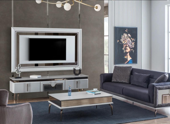 Conjunto de salón de diseño de 4 piezas: sofá tapizado, soporte de TV, mesa de centro, mesas.