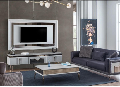 Conjunto de salón de diseño de 4 piezas: sofá tapizado, soporte de TV, mesa de centro, mesas.