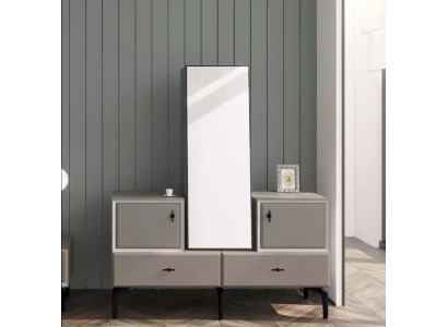 Cómoda con espejo para dormitorio, color gris, diseño moderno y elegante.