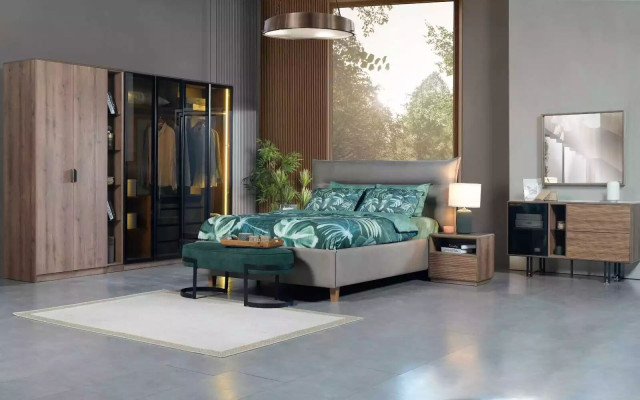 Set de dormitorio diseño loft Cama Armario Camas Cómoda Mesita de noche 5 piezas