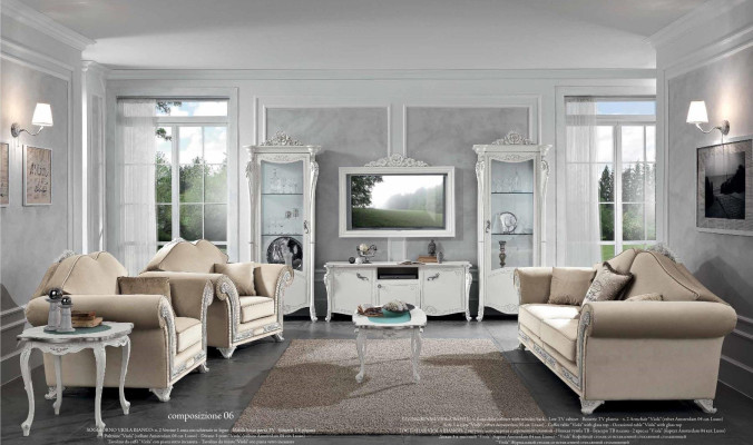Conjunto de sala de estar clásico de 9 piezas en los colores beige y blanco.