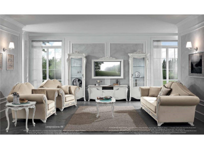 Conjunto de sala de estar clásico de 9 piezas en los colores beige y blanco.