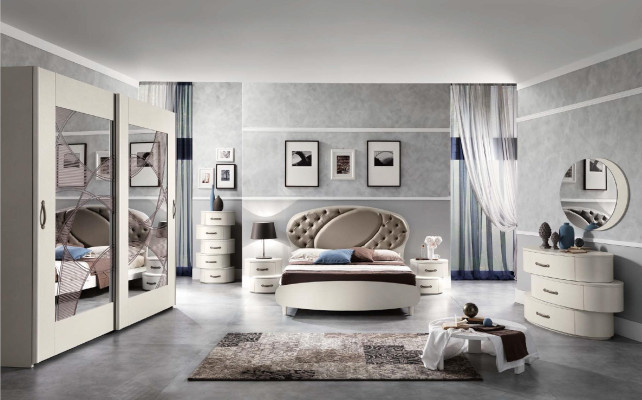 Conjunto 7 piezas. Dormitorio Cama Mesita de noche Cómoda Espejo Armario